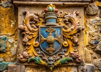 Obraz premium Historic Coat of Arms Detail - Worn Stone Carving, Documentary Style