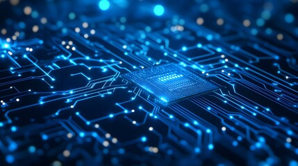 Glowing Blue Circuit Board with Central Processing Unit (CPU) - Abstract Technology Background
