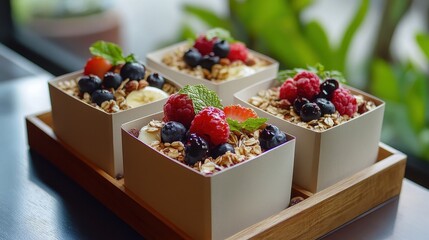 Boxed breakfast with oats, fruits, and nuts, wholesome start of the day. 