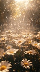 Daisies dancing under golden rain, a serene and captivating nature scene