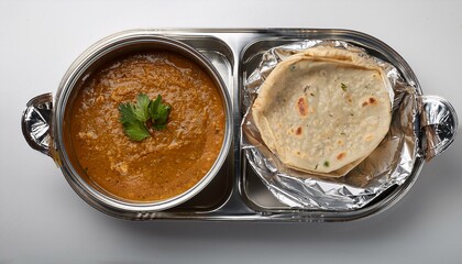A detail-oriented shot of chapatis wrapped in foil placed next to the open tiffin showcasing