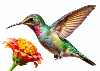 Fototapeta premium Hummingbird Feeding on Flower, Isolated White Background - Urban Exploration Photography Style