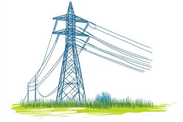 Electricity pylon, rural landscape, power lines, energy transmission, green field, sketch illustration, renewable energy