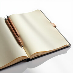 Capture Your Creativity: Open Moleskine Cahier Notebook with Pencil on Transparent Background. A notebook with a pencil resting on top of it.