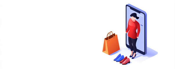A stylish woman stands beside a smartphone, holding a shopping bag, with colorful shoes displayed on the ground, symbolizing online shopping.