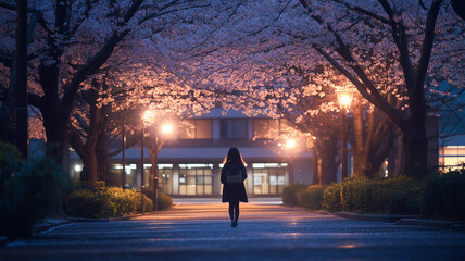 ライトアップされた夜桜の下を歩く小学生の静寂な時間