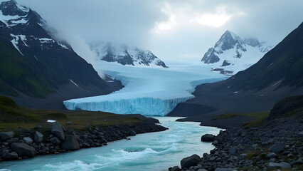 Dramatic Mountain River Scene with Breathtaking Glacier View and Powerful Atmosphere in a Natural Landscape with Ice Formations
