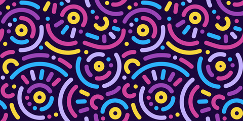 Memphis geometric seamless pattern. Abstract modern background with circles, curves, short rounded lines and dots. Fun kid doodle design element for cover, poster, banner, label, textile, wrapping.	