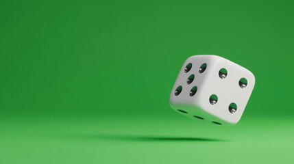 A quirky D animated dice tumbling over, hilariously landing on the number six, set against a vibrant green screen backdrop.
