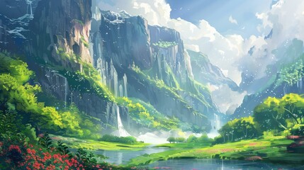 Serene landscape showcasing majestic mountains, vibrant waterfalls, and lush greenery under a bright blue sky