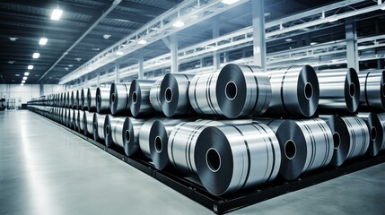 Huge rolls of pure steel sheets stacked high in a storage factory, showcasing the strength and durability of steel.