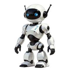 ous White and Black Robot with Blue Eyes on Gray Background. A white and black robot with blue eyes.