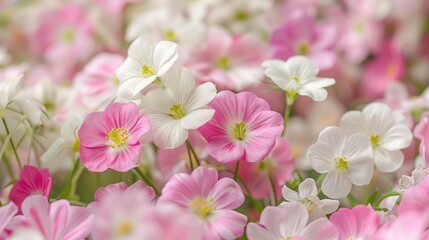 Naklejka premium A vibrant display of pink and white flowers blooming in a garden, surrounded by lush greenery and soft sunlight