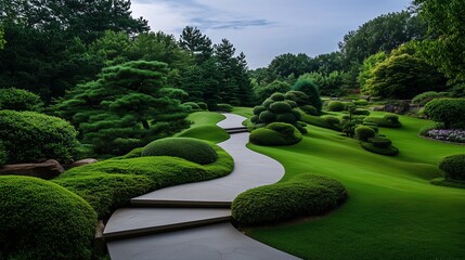 Obraz premium Elegant Japanese-style garden with a curved stone pathway, lush green grass, and meticulously shaped bushes, creating a tranquil and harmonious outdoor space