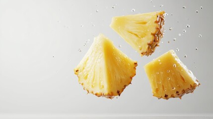 Chopped pineapple pieces floating in mid-air, water droplets scattering dynamically, isolated on a light grey background with copy space. 
