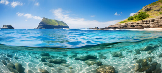 Fototapeta premium The water is turquoise with some waves crashing against rocky cliffs on one side, ai generative