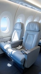 Fototapeta premium Airplane cabin seats, sunny sky view