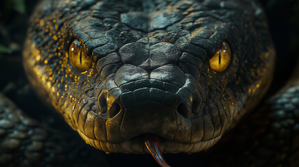Close-up of an anacondas head piercing yellow eyes