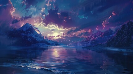 Fototapeta premium Majestic sunset over tranquil lake surrounded by mountains, reflecting vibrant colors in the sky and water