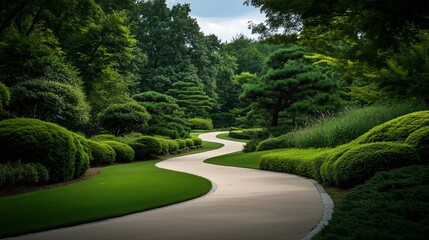 Obraz premium A beautifully designed winding garden path surrounded by lush green trees and carefully manicured bushes, creating a serene and peaceful landscape