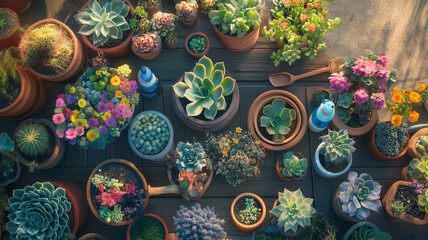 Fototapeta premium 庭のテーブルに彩り豊かに並ぶ鉢植えとガーデニングツール