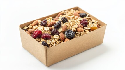 Delicious oatmeal topped with nuts and dried fruits, neatly packed in a recyclable box, isolated on white background with copy space.