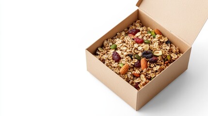 Delicious oatmeal topped with nuts and dried fruits, neatly packed in a recyclable box, isolated on white background with copy space.