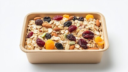 Delicious oatmeal topped with nuts and dried fruits, neatly packed in a recyclable box, isolated on white background with copy space.
