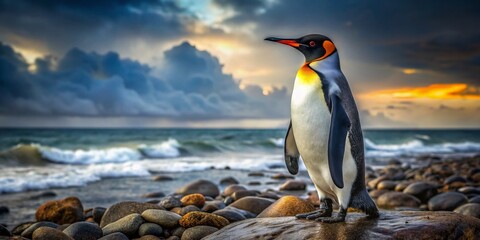 Fototapeta premium King Penguin on Falkland Islands Rocky Beach: Majestic Wildlife Photography