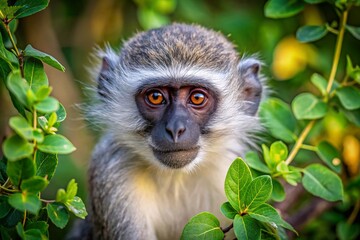 Obraz premium Kruger Safari: Playful Vervet Monkey Hiding in Treetop