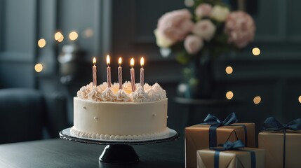 Elegant birthday scene, stylish cake with candles, luxury gift boxes, and a sophisticated greeting card. 