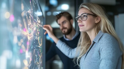 Naklejka premium Analysts reviewing data map, office