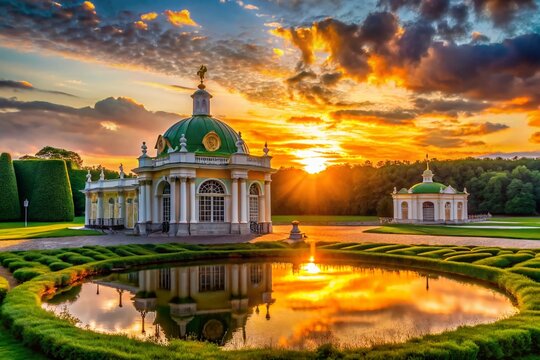 Kuskovo Estate, Moscow: Silhouette of the Grand Stone Orangery at Sunset, June 21, 2023