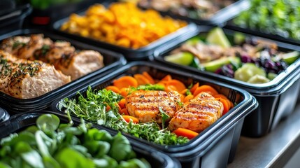 Obraz premium Fitness meal boxes with lean proteins and greens, athletic lifestyle. 