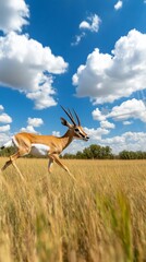 Antelope sprints across savannah, blue sky