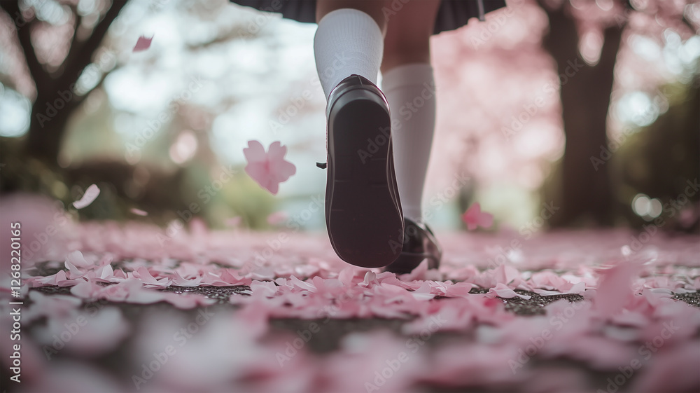 Canvas Prints 桜舞う道を静かに歩く小学生の一歩