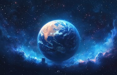 Fototapeta premium Vibrant Earth from Space with Shimmering Stars and Radiant Atmosphere