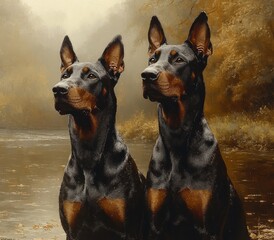 Realistic Portrait of Two Doberman Dogs in Dramatic Lighting