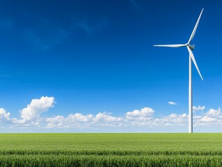 Obraz premium Wind turbine standing tall against bright blue sky over lush green landscape symbolizing renewable energy clean technology and sustainable environmental solutions