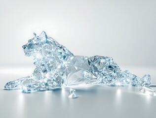 low poly ice sculpture of lion, showcasing intricate geometric shapes and sparkling finish. artwork exudes elegance and creativity