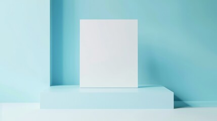 Minimalist display featuring a blank canvas on a light blue pedestal in a serene, modern interior space