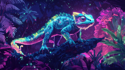 Armored chameleon dragon stands in a neon jungle landscape. Neon-Plated Knights. Illustration