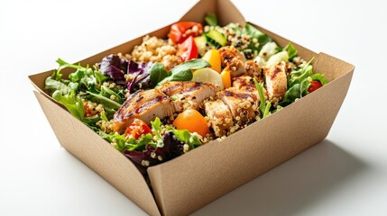 Freshly prepared salad with grilled chicken, quinoa, and mixed vegetables, neatly packed in a recyclable box, isolated on white background with copy space.