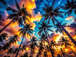 Low Light Coconut Palm Trees, Dramatic Sky, Upward Angle Stock Photo