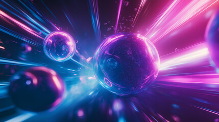Abstract artistic interpretation of a molecule, glowing balls with energetic lines of neon blue, purple and pink, dynamic motion blur