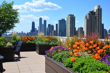 Fototapeta premium A lush rooftop garden with various plants and flowers