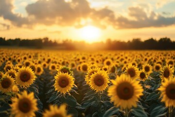 A field of sunflowers under a golden sunset