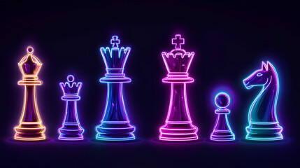 Named chess piece . icons set of chess figures queen and king, illustration rook pawn and knight for chess. Neon-Plated Knights. Illustration