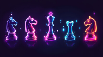 Named chess piece . icons set of chess figures queen and king, illustration rook pawn and knight for chess. Neon-Plated Knights. Illustration