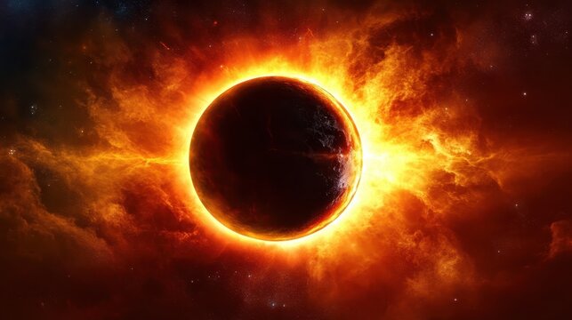 A stunning celestial event showcasing a solar eclipse, featuring a darkened planet surrounded by a radiant orange and yellow corona.
